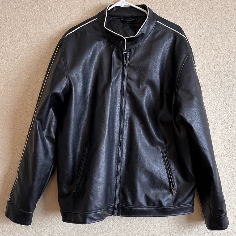 Vegan Leather Jacket with white piping details
